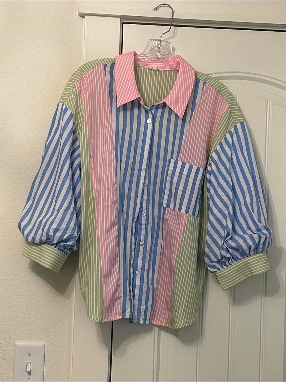 JODIFL Multi-Color Striped Button-Down Shirt in Blue, Pink & Green